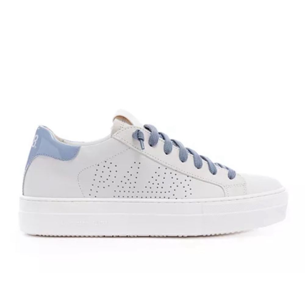 P448 White Leather Sneakers with Light Blue Accents
